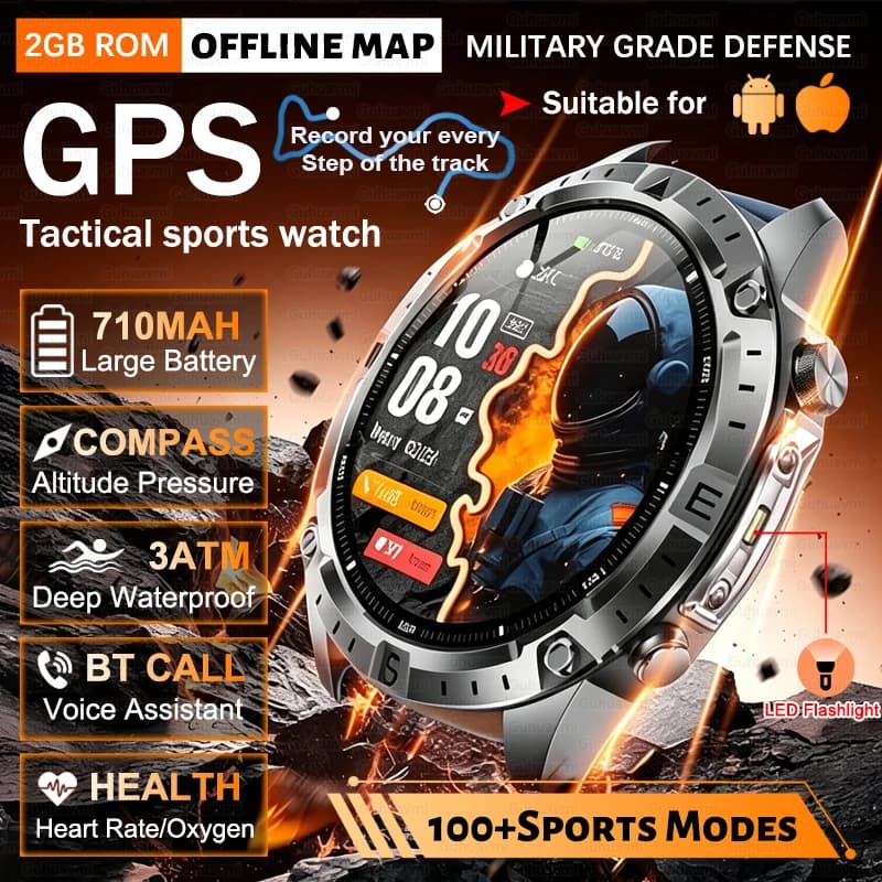 Smartwatch Tattico GPS 2026 da Uomo, 2GB ROM, Mappe Offline, Bussola, Batteria 710mAh, Impermeabile 3ATM, per Sport Outdoor, Chiamate BT, Torcia