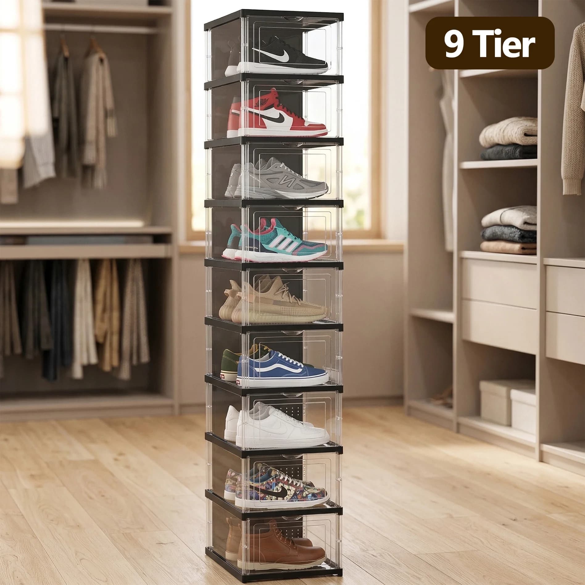 9 Tier Vertical Shoe Storage Organizer with Clear Door, Stackable Plastic Shoe Box Rack, Narrow Freestanding Shoe Cabinet for Closet Entryway, Space Saving Sneaker Storage Holder