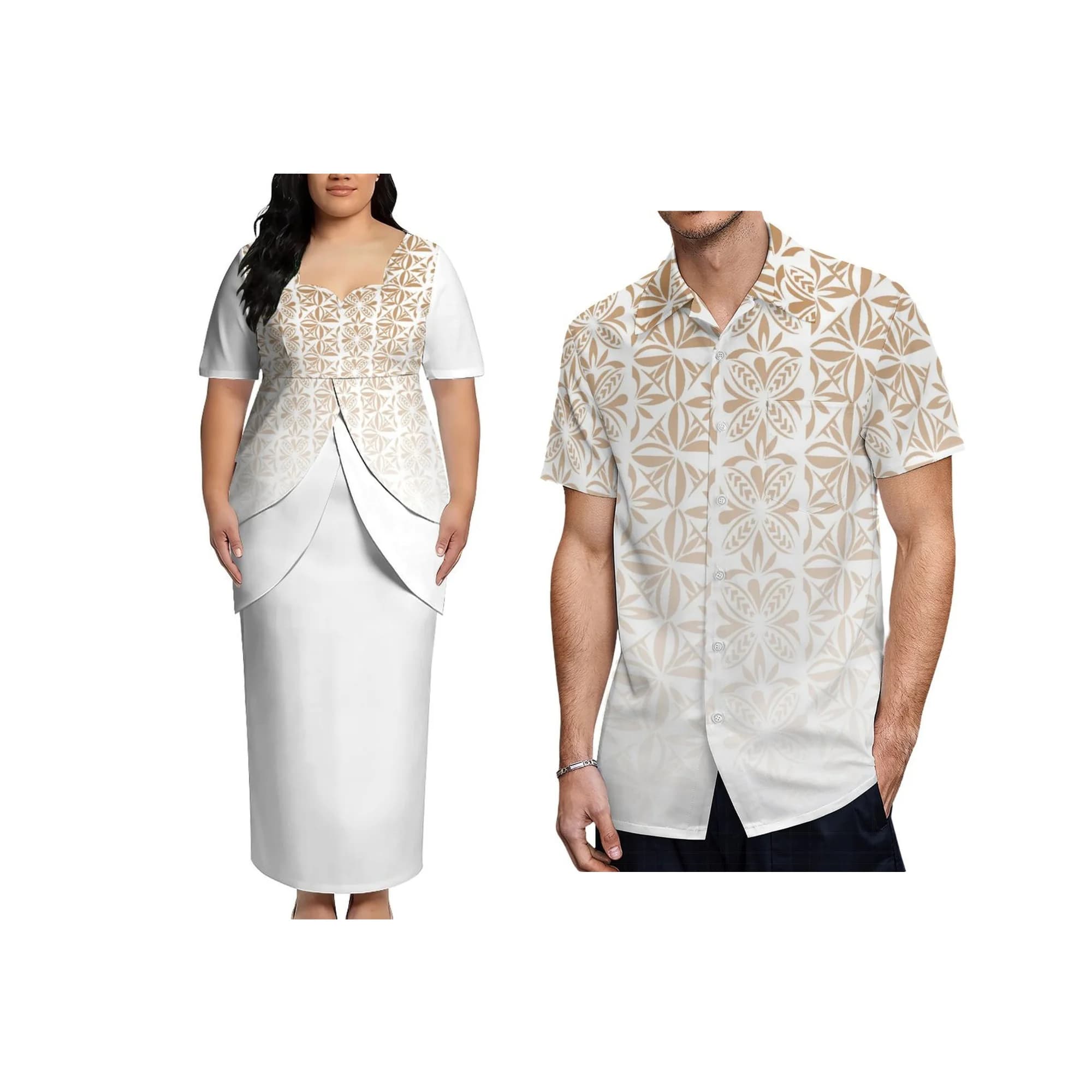 Best Seller Lady Polynesian Tribal Print Customized Plus Size Puletasi Dress Two Pieces Sets Maxi Dress Wholesale Available