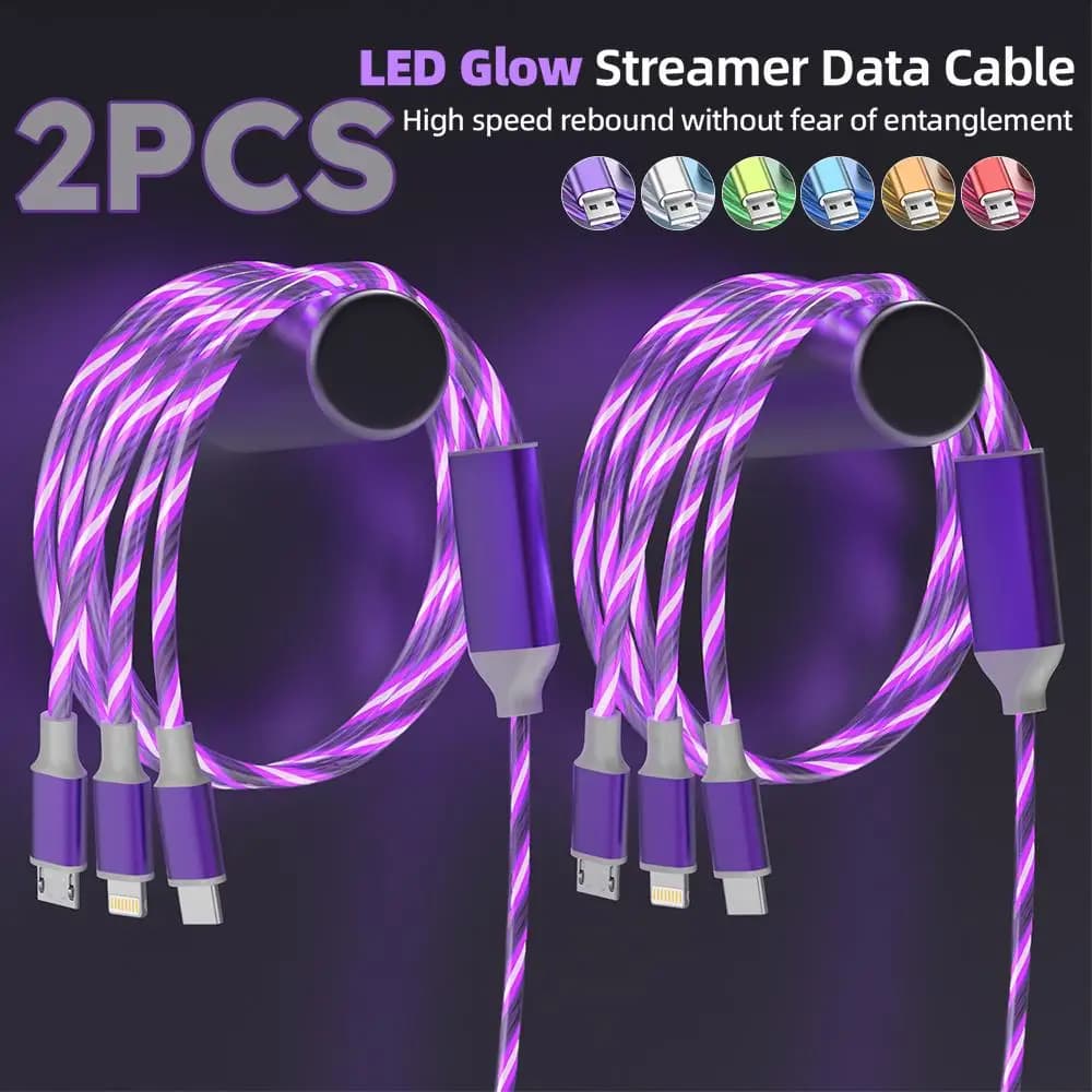 2pcs 1.2m/4ft 3 in 1 Fast Charging USB Charging Cable with Type-C, Micro USB, IP Port For iPhones Most Phones Tablets