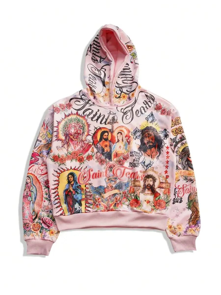 Men's hoodie Streetwear with Graphic print and Religious Artistic motifs, Pink, Long sleeves, Top Casual Autumn Winter