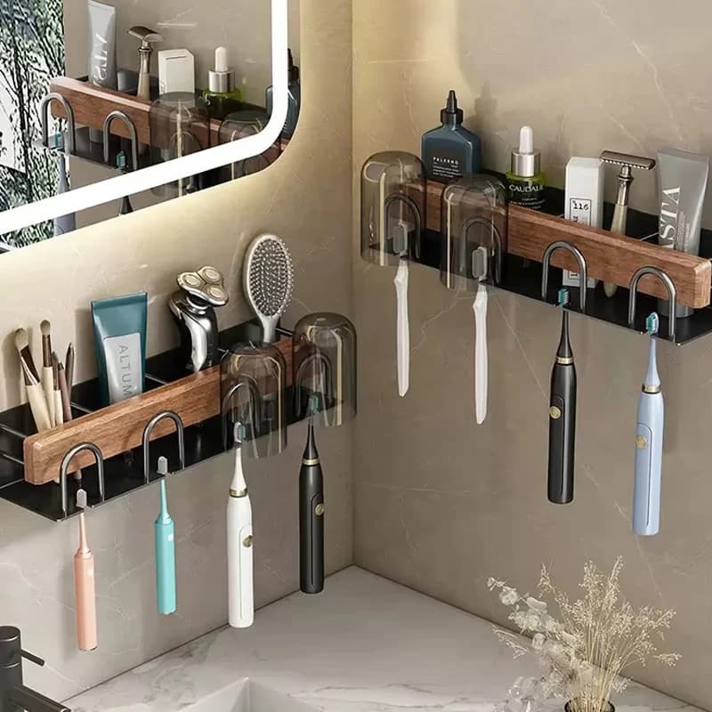 Portaspazzolino multifunzionale in legno e portabicchieri Porta dentifricio e collutorio montato a parete con spremi dentifricio