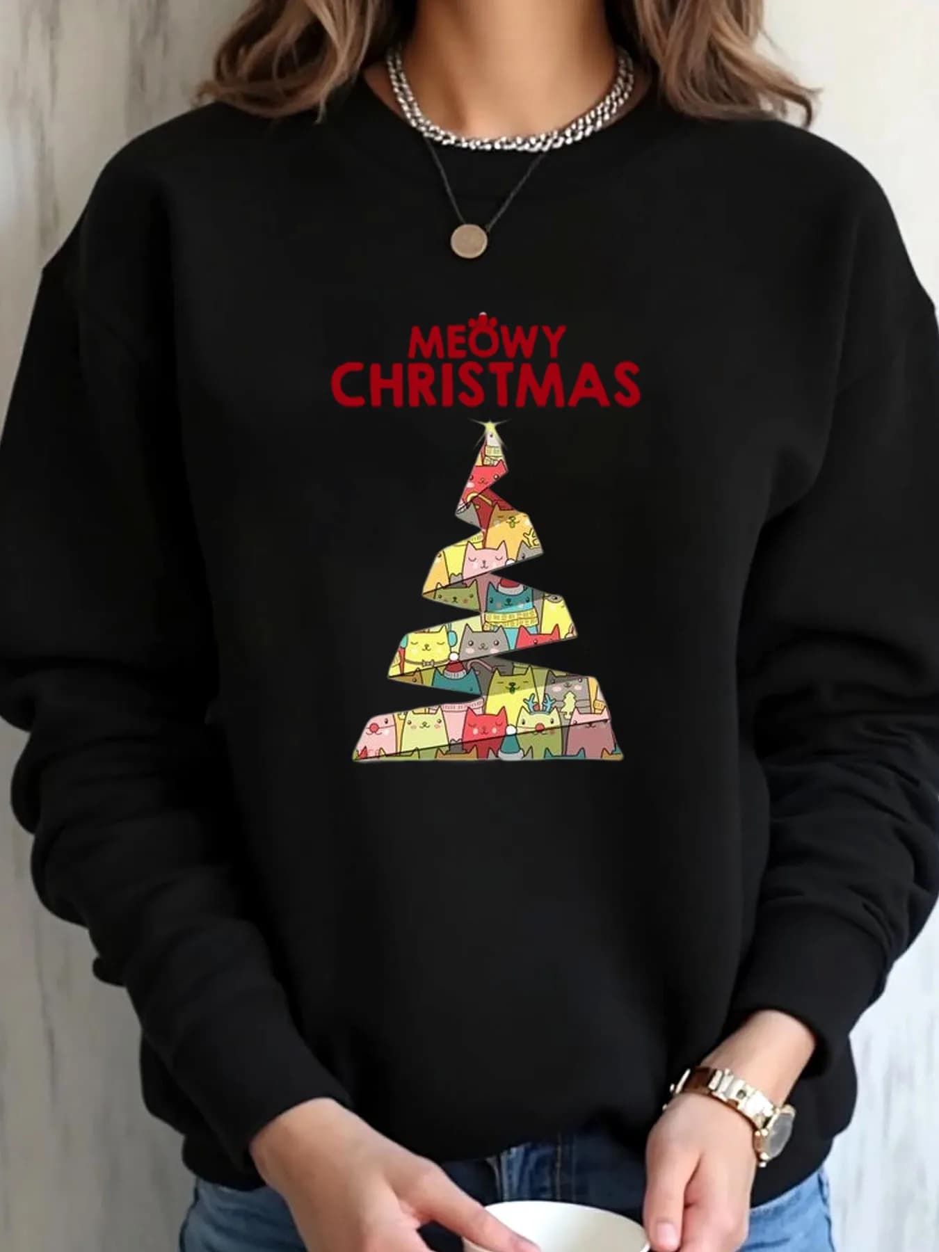 Felpa oversize da donna Natale Meowy Albero di Natale Stampa gatto Abbigliamento da esterno