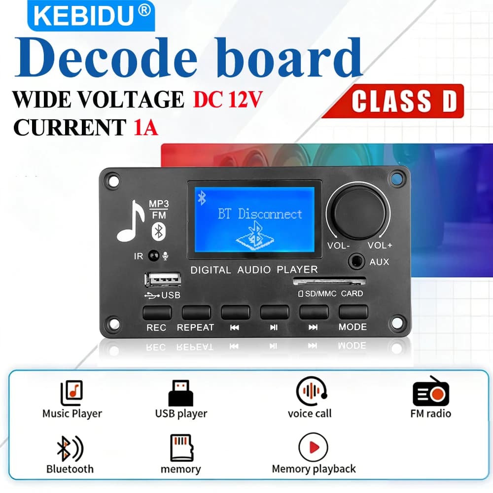 Scheda Decoder Bluetooth MP3 WMA KEBIDU, Lettore MP3 Wireless 12V per Auto con Schermo LCD, Modulo Audio USB TF AUX FM