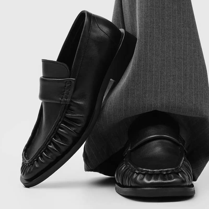 Mocassini da Uomo Neri in Vera Pelle con Punta Quadrata e Design Goffrato, Scarpe Casual Eleganti Slip-On Stile Vintage Britannico Comode e Piatte