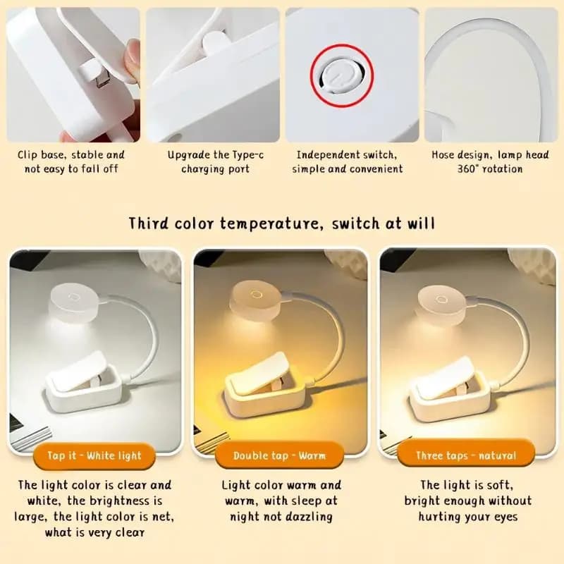 LED Clip On Book Light Portable Reading Light Type-c Rechargeable Eye Protection Stepless Dimmable Flexible Mini Desk Lamp