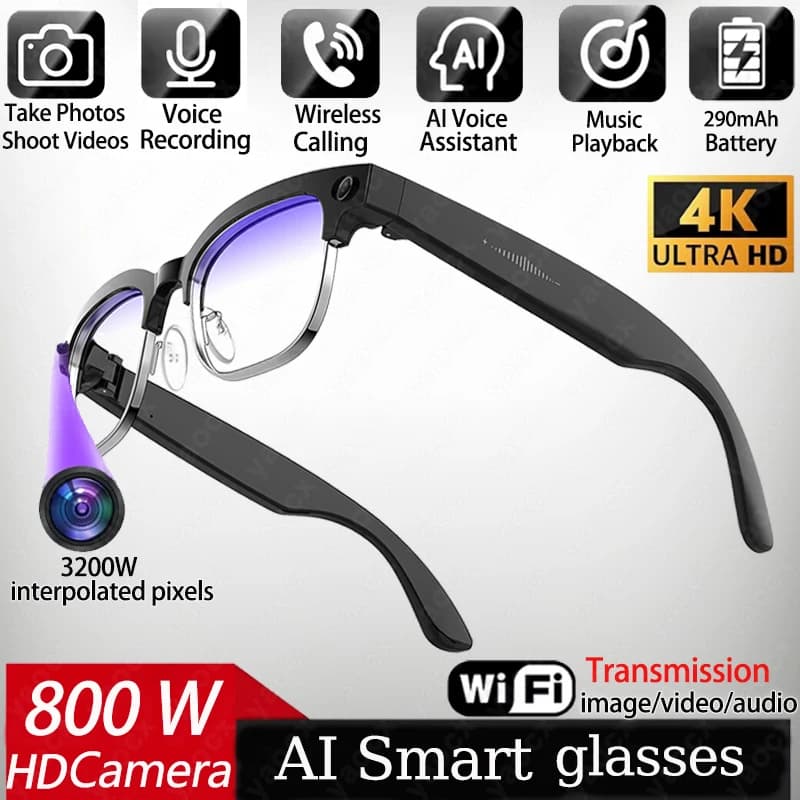 Smart AI 4K Glasses with 8MP Camera, Video Recording, Photo Recognition, Translation, BT Calls, Photochrome lenses, Waterproof