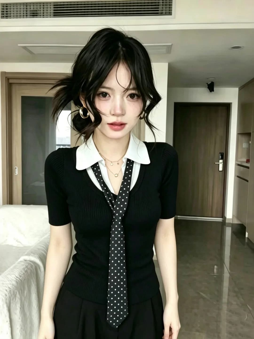 Korean Style Fake Two-Piece Silk Scarf Neck Knitted Short Sleeve T-Shirt Women Summer Slimming Small Top Commute Style