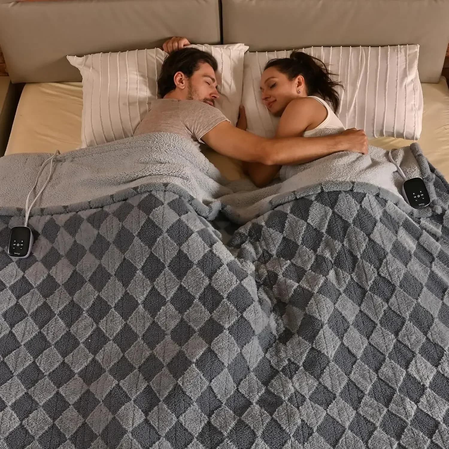 Coperta Riscaldante King Size 254 x 229 cm con Doppio Controllo, Elettrica, in Pelliccia Sintetica Teddy Grigia e Sherpa Calda, Coperta Termica Ponderata