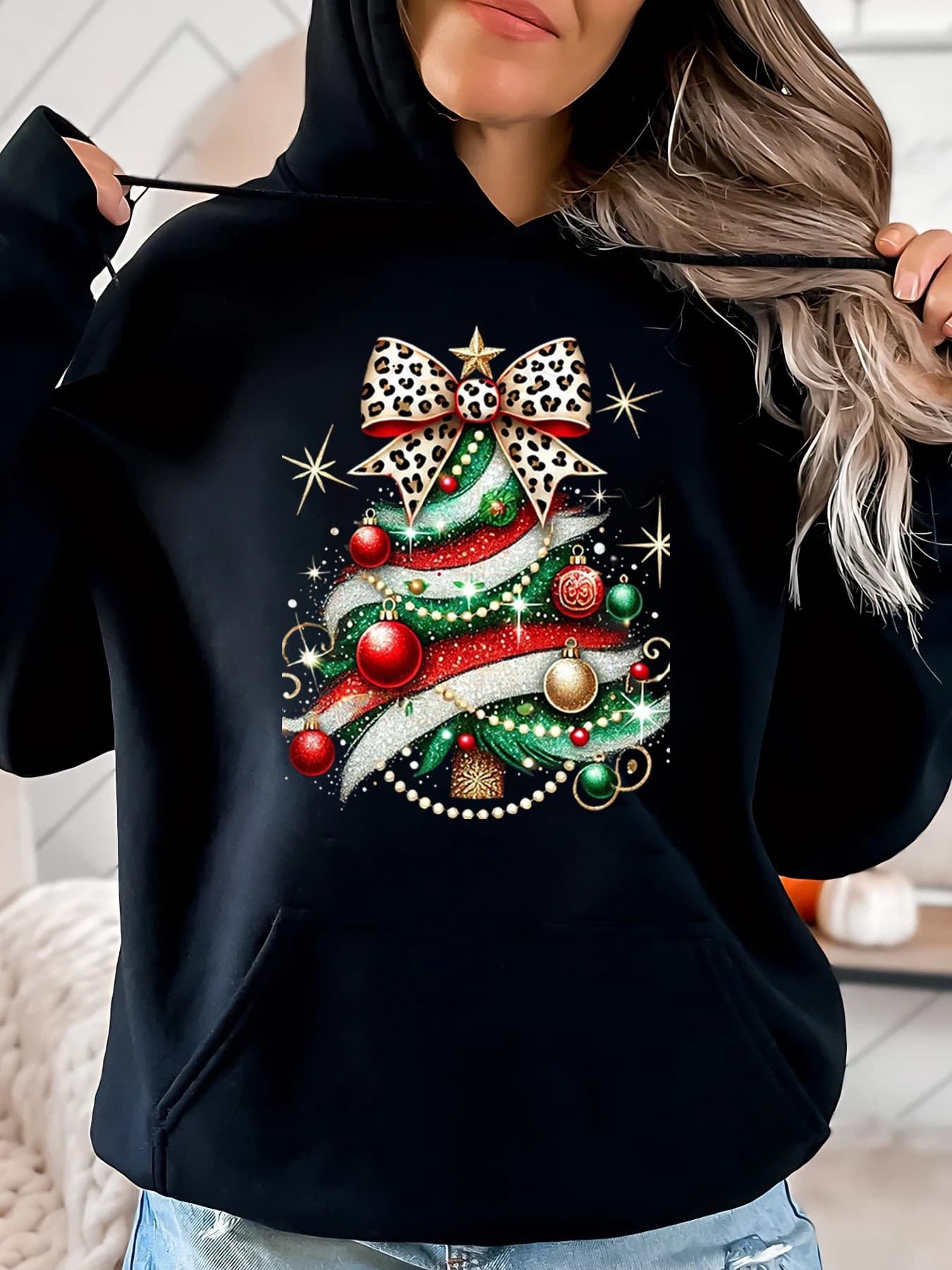 Felpa con cappuccio da vacanza con stampa albero di Natale con fiocco leopardato Abbigliamento invernale casual da donna Nero Taglie forti