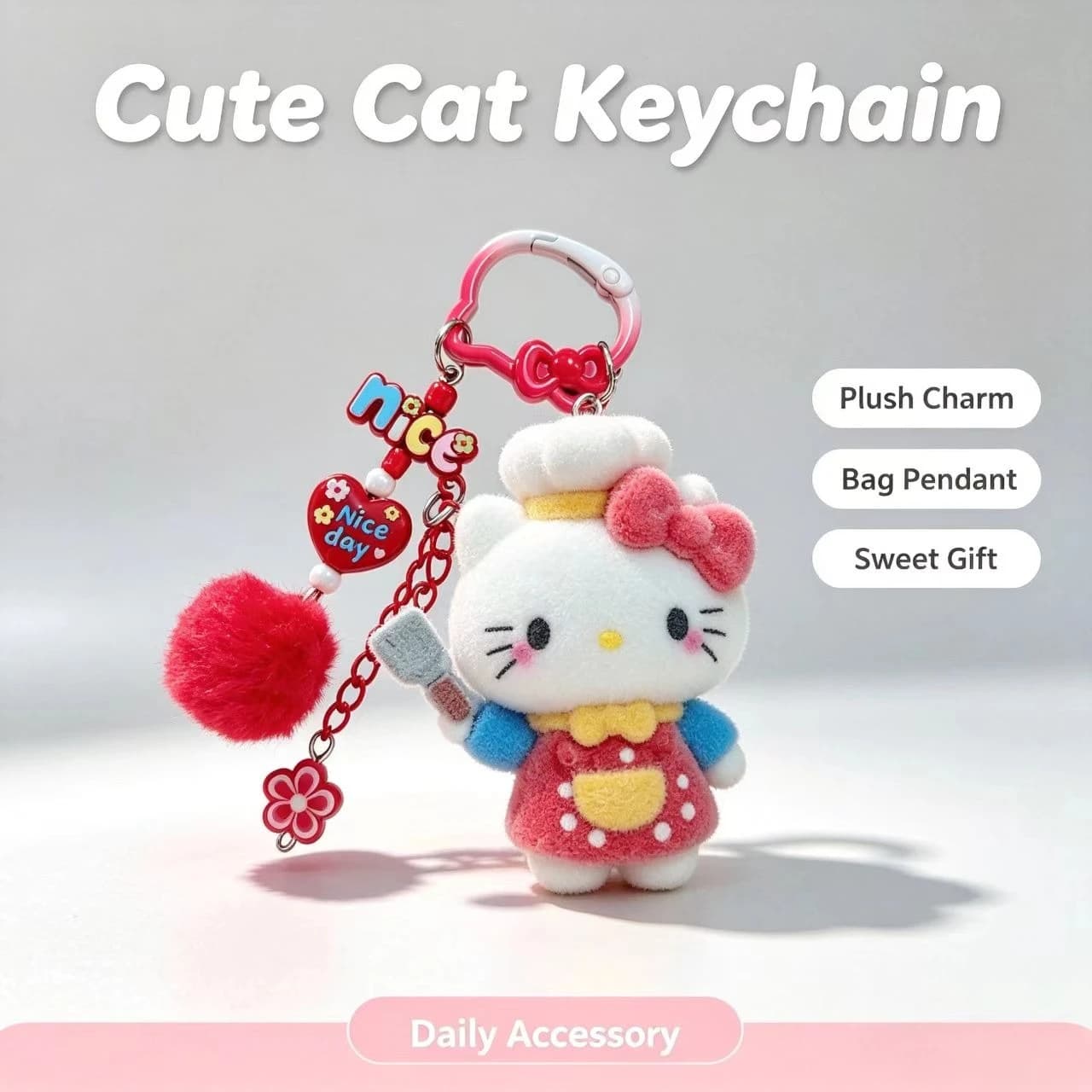 Fashion Flocked Cat Keychain Cute Chef Figurine Bag Accessory Pompom Pendant Women Fashion Key Ring Gift