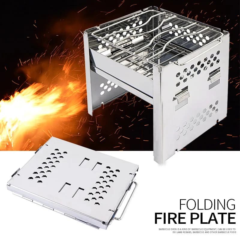Outdoor Wood Stove Portable Foldable Stainless Steel Camping Stove with Mini Coal Grid Light BBQ Grill