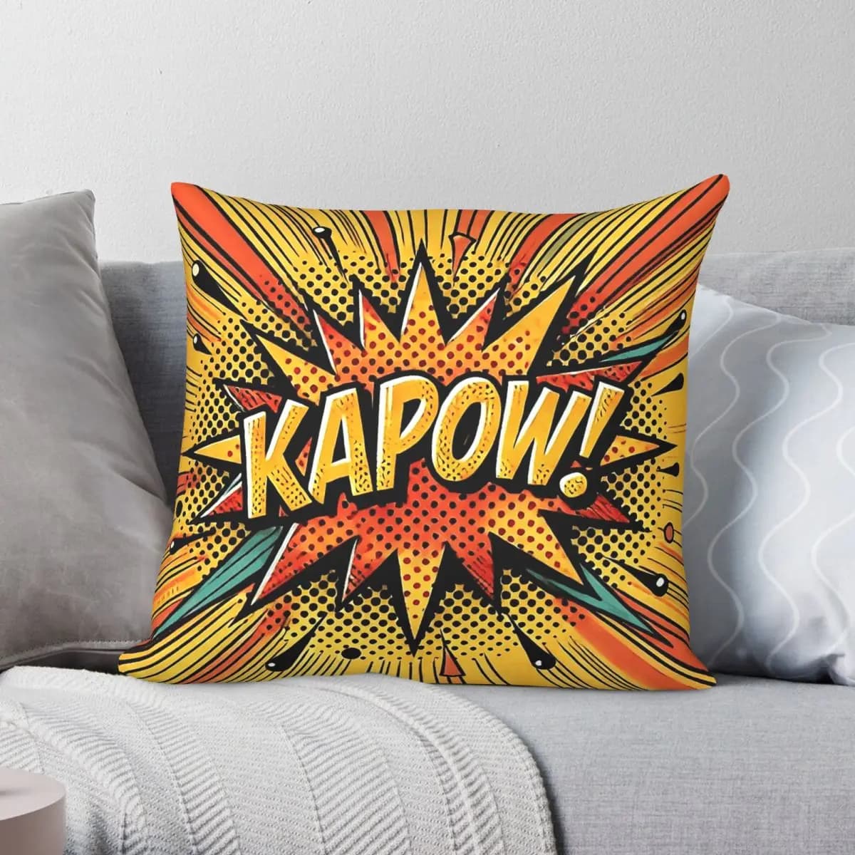 Fodera per cuscino quadrata con motivo Comic Kapow Chaos Explosion in poliestere, lino e velluto, decorativa, per divano e seduta, all'ingrosso