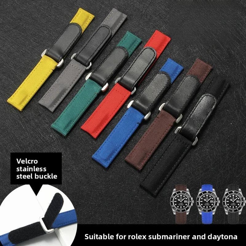 Nylon fabric with top-layer cowhide reverse buckle Velcro strap applicablerlx DaytonaWatch strap accessories submariner 20mm