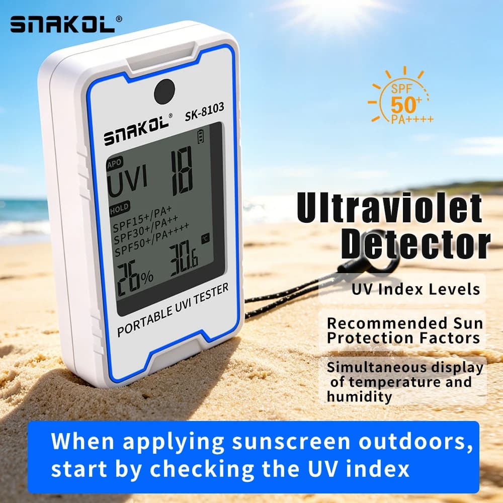 SNAKOL SK-8103 Portable UV Index Tester Ultraviolet Detector with Temp Humidity Display for Outdoor Sunscreen Protection