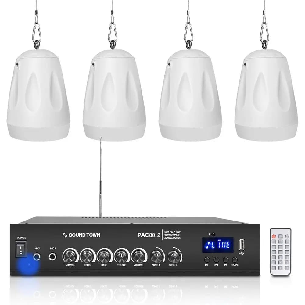 Bluetooth 2-Zone 70V/100V Amplifier with 4 Outdoor 4-Inch Pendant Speakers Set