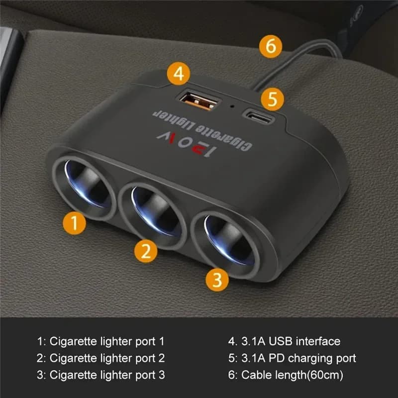 120W PD QC3.0 Double USB socket Car cigarette lighters Splitter 12V 24V Fast charging socket for IPhone GPS Dashcam