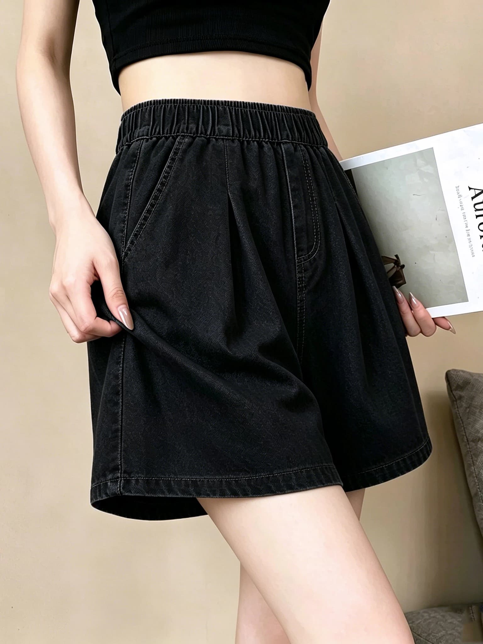 High Waist Wide Leg Short Jeans Women's Summer New Style Slimming Thin Elastic Waist Casual A-Line Hot Pants Soft Lenzing