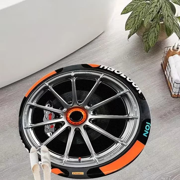 1pc Car Wheel Design Carpet Mat Black Orange Silver Color with Red Brake Caliper Design Suitable for Car Showroom Decor