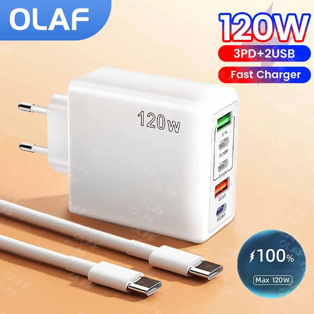 Caricabatterie rapido totale da 120 W Tipo C Caricatore PD QC 3.0 Adattatore per caricabatterie USB per iPhone 16 15 14 Pro Samsung Xiaomi Cavo PD tipo C da 60 W