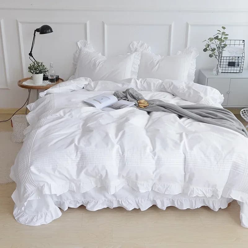 Super Offerta: Set di Biancheria da Letto Bianca Elegante con Copripiumino a Volant Fatto a Mano, Set per Letto Matrimoniale o Queen Size, Lenzuola in Cotone e Lino
