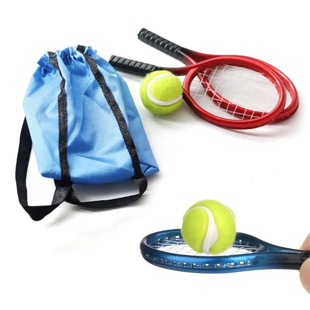 Set da 4 pezzi, accessori per foto regalo, kit racchette da tennis, set di attrezzature sportive, accessori per casa delle bambole, racchetta in miniatura, borsa per palline