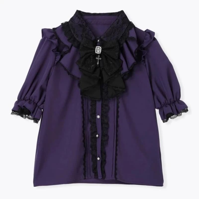 Japanese Lolita Blouse Women Purple Short Sleeve Ruffle Lace Bow Y2K Women Casual Top Retro Victorian Subculture 2026 Summer