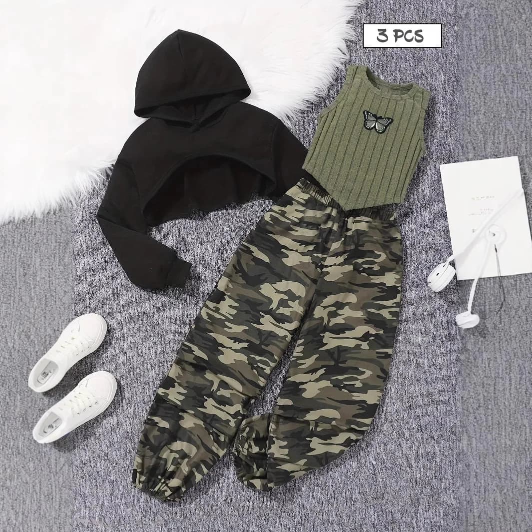 3PCS Set di vestiti con cappuccio per bambini Ragazza Verde militare Camouflage 3-12Y Cool Girl Cappotto + Vest + Pant Autunno Moda Bambino Set Abiti Bambino