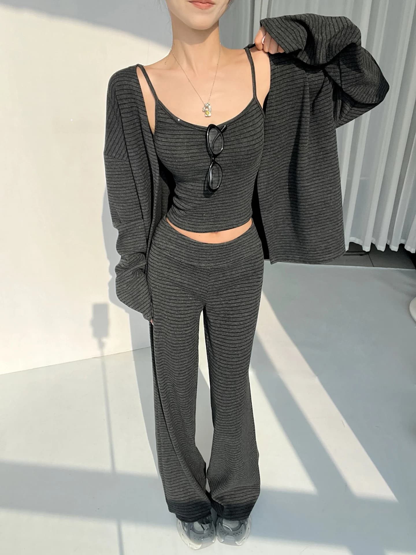 Spring New Loose Knitted Striped Open Cardigan Jacket Women's Casual Pants Three-piece Set Vintage Design Casual Style