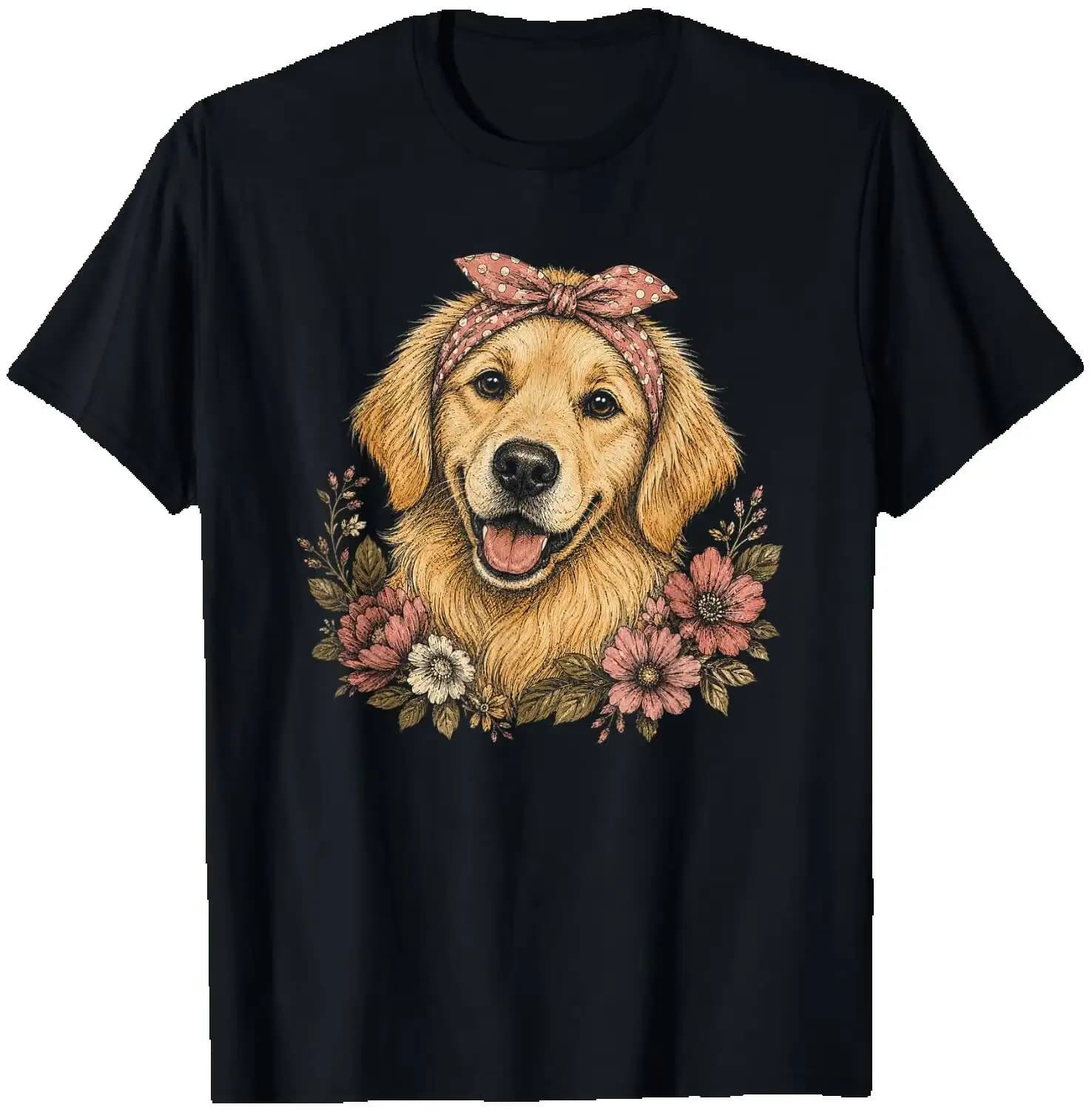 Golden Retriever Artwork Design For Girls T-Shirt Summer Short-Sleeved Breathable Sweat-Wicking Versatile Trendy T-Shirt