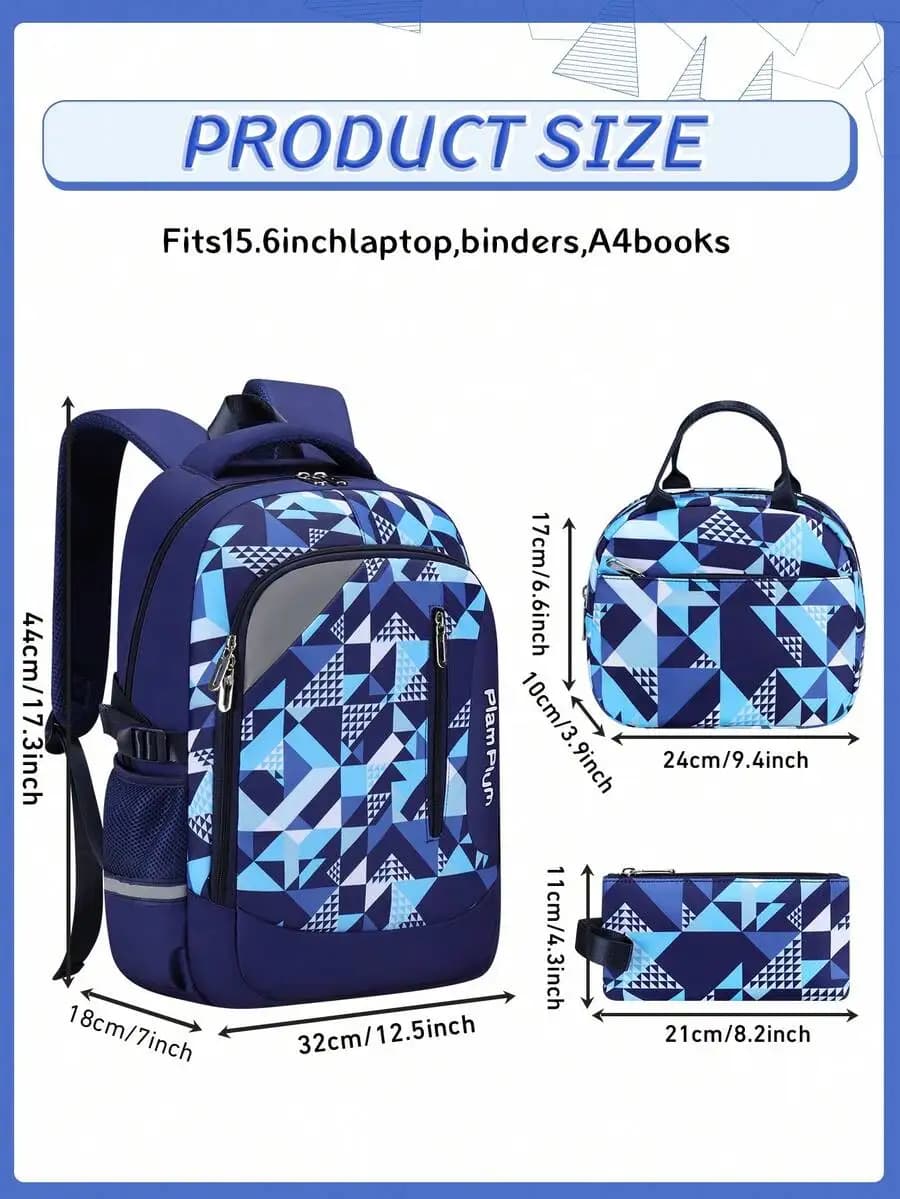 Geometric Print Backpack Set With Dual Zipper Closure Adjustable Strap Multiple Pockets