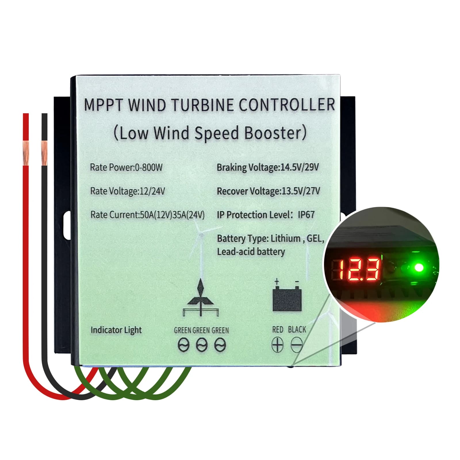 Regolatore di Carica per Turbina Eolica MPPT 12V/24V 800W, Regolatore di Bassa Tensione IP67 con Display di Tensione per Eolico da 800W