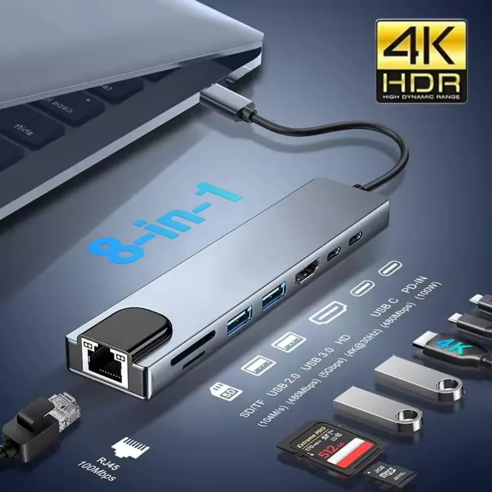 Hub USB C 8 in 1, Adattatore Type C 3.1 a HDMI 4K, Docking Station USB 3.0, Splitter Type C con RJ45, Lettore di Schede SD/TF, PD per Laptop