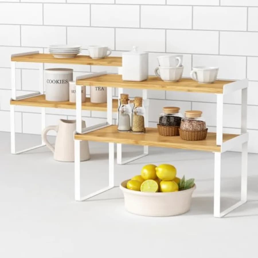 Set di 4 Scaffali Organizzatori per Cucina, Ripiani Impilabili per Dispensa, Armadio, Piano di Lavoro e Scrivania, Porta Spezie
