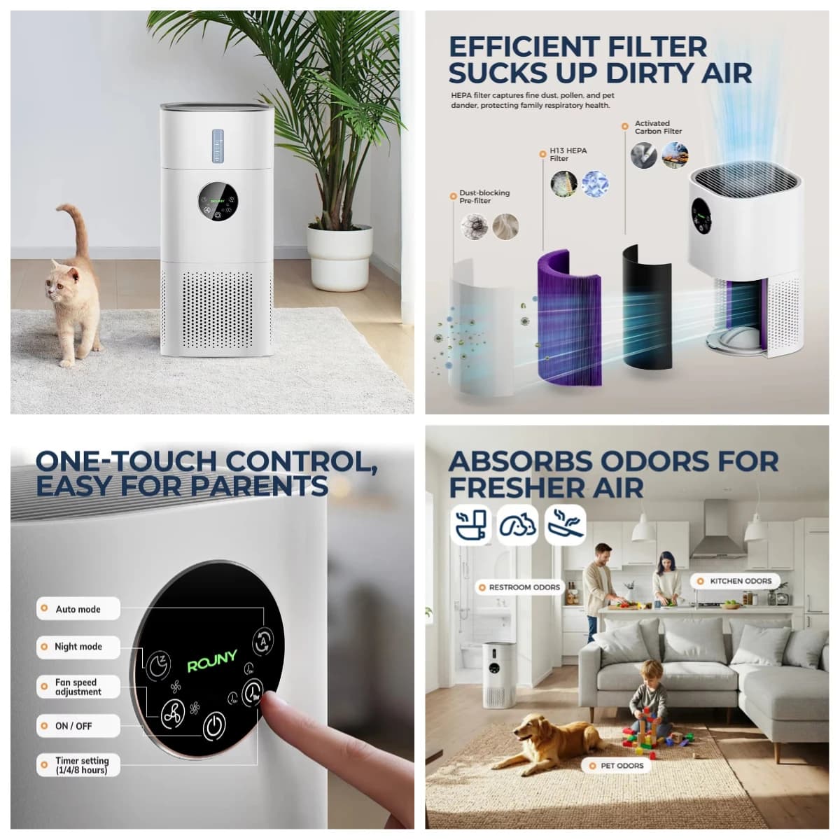 Purificatore d'Aria e Umidificatore 2 in 1 con Filtro HEPA H13, Silenzioso, con LED, per Camera da Letto, Animali Domestici e Allergie