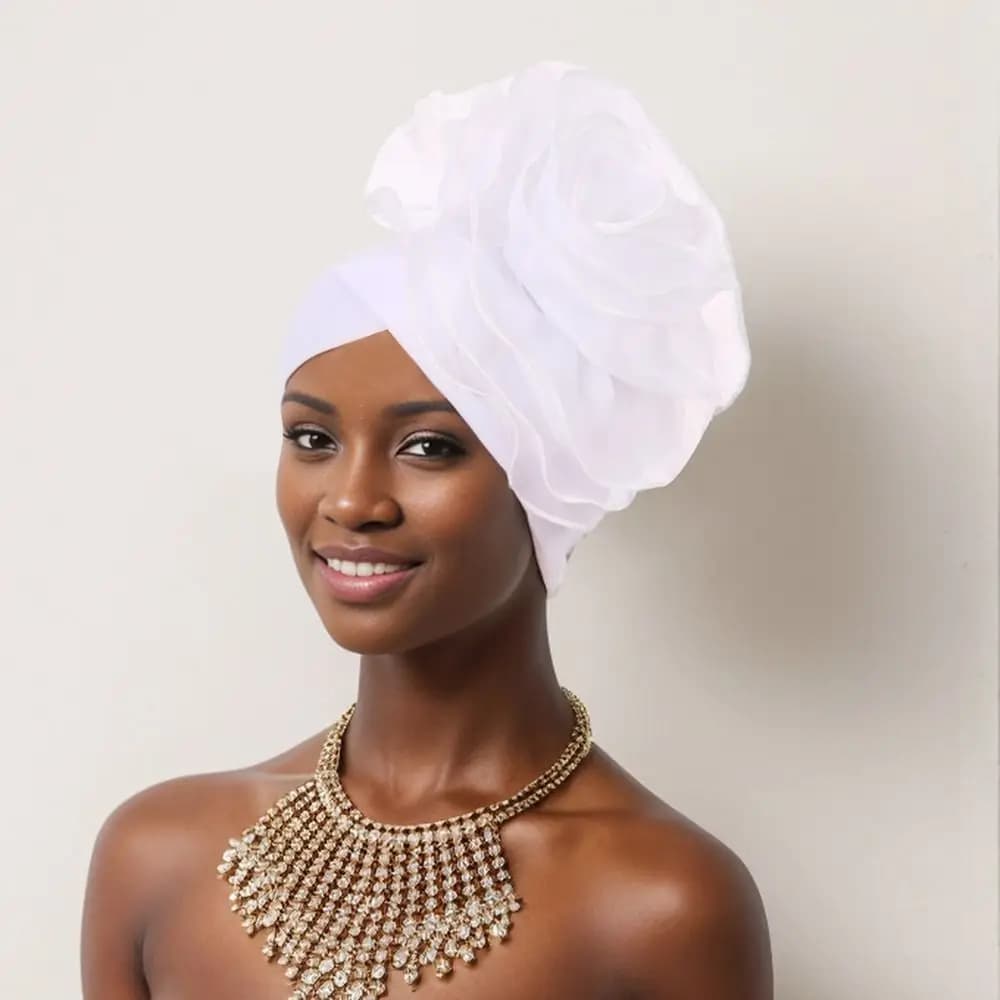 Turbante con Fiori Grandi e Vistosi, Copricapo da Festa, Copricapo Africano da Donna, Copricapo Monocolore, Berretto da Donna