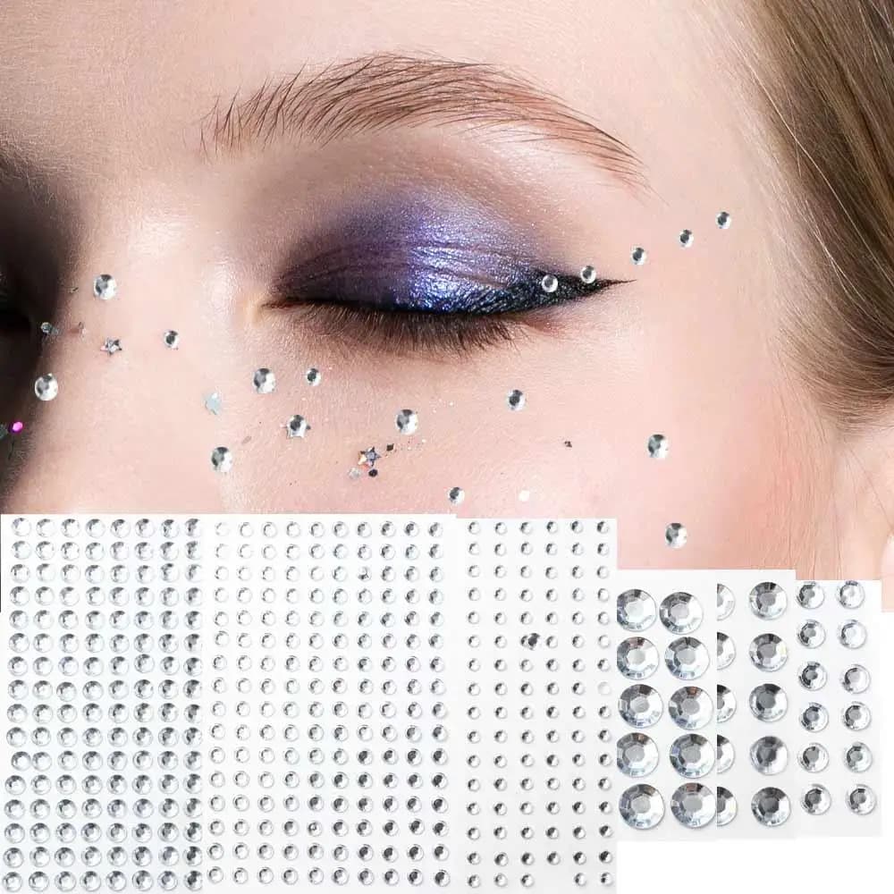 Crystal Wall decals with 3-12MM Glossy Rhinestones, Eyebrows and Umbrella Decorations, 3D Gems Stickers