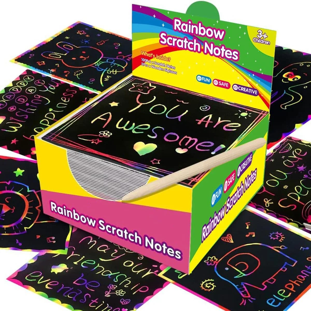 100pcs Rainbow Scratch Notes Set, Magic Black Scratch Paper Art Kit with 2 Wooden Styluses for Kids Creative DIY