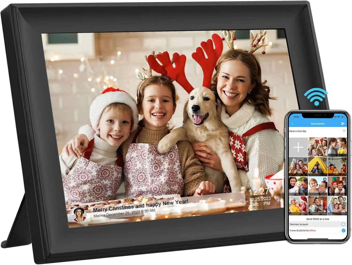 Cornice digitale WiFi da 10,1 pollici 32GB, schermo touch HD IPS, invia foto tramite app/e-mail, supporto USB/SD
