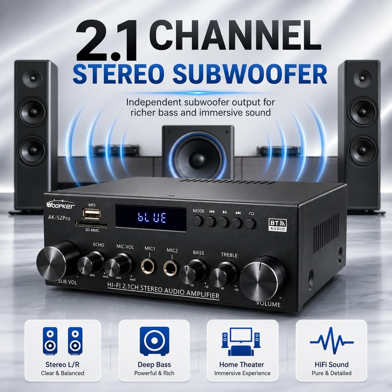 Woopker AK52 Pro 2.1 Channel HiFi Stereo Sound Audio Amplifier Bluetooth Subwoofer Echo Bass Treble for Home Car Karaoke amp