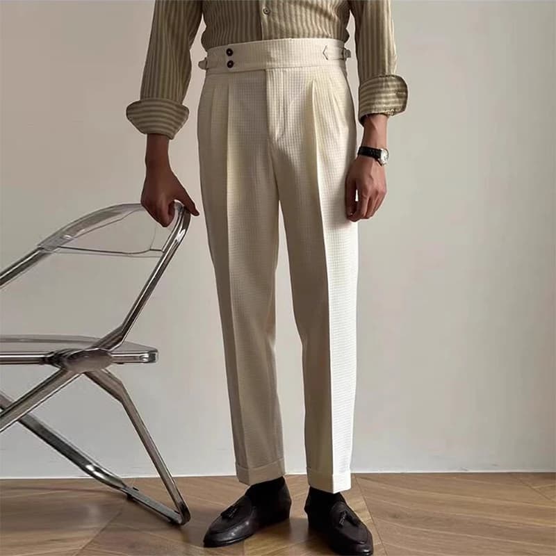 Pantaloni Vintage a vita alta con cintura da uomo primavera estate moda tinta unita Waffle pantaloni traspiranti pantaloni estetici da uomo vecchi soldi