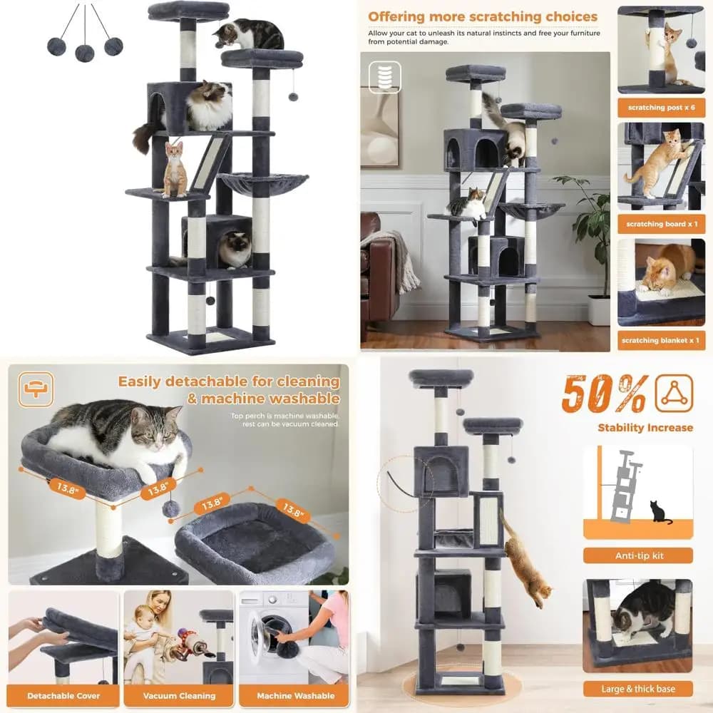 Albero per gatti alto 70 pollici con 2 condotti accoglienti, posatoi in peluche, cestino grande, tiragraffi e pali - Grande torre per gatti per giocare e