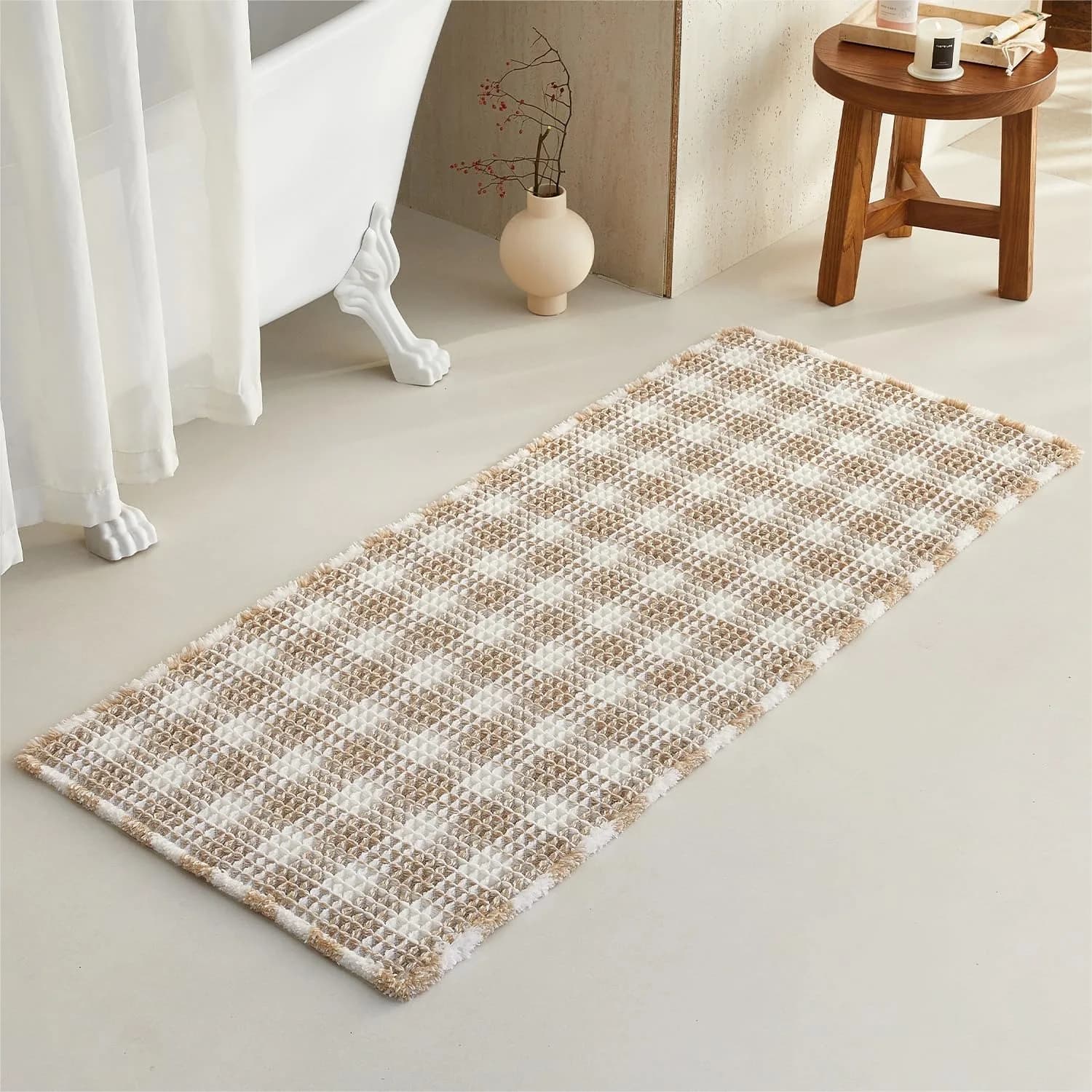 Tappeto da bagno Waffle Runner, antiscivolo, lavabile, assorbente, a quadretti, ad asciugatura rapida, stile rustico, 60x24, kaki e bianco