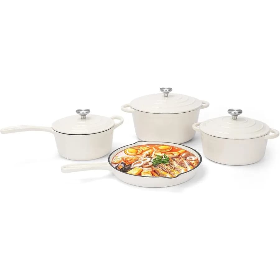 Set of non-stick glazed cast iron pots 7 pieces Pots and pans with lid Padella Sauce pan Cooker Cooker for healthy round Dutch oven