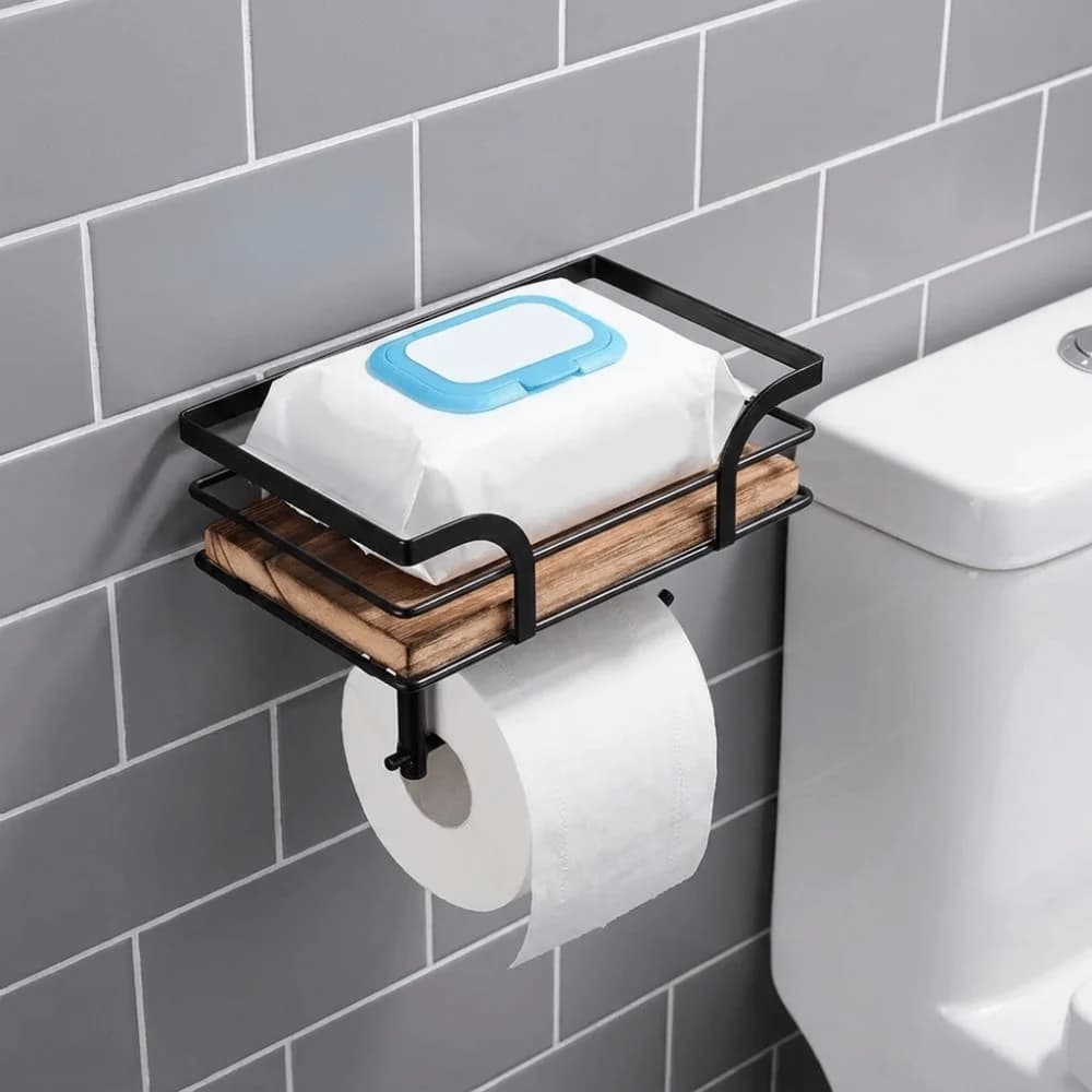 Portarotolo da Parete in Legno Salvaspazio con Porta Telefono, Stile Rustico, per Carta Igienica e Asciugamani, Design Fattoria