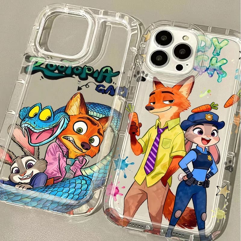 Cute Nicks & Judy phone case for iPhone 17 16 15 14 13 12 11 Pro Max 7 8 Plus XR XSMax, transparent cover with airbag
