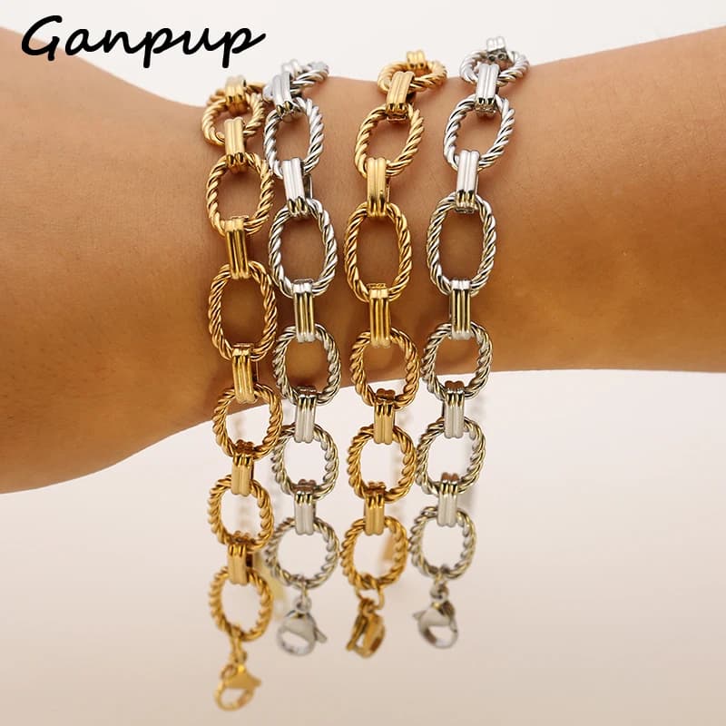 GANPUP Bracciale a catena da polso ovale in metallo in acciaio inossidabile 316L per donna Uomo Texture impermeabile braccialetto antiallergico regalo gioielli