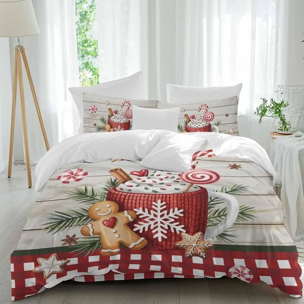 Set di lenzuola Chrisas Coee, motivo natalizio Gingerbread Man Holly Lakes, motivo a grana del legno rosso scozzese, 4 pezzi, set copripiumino traspirante, biancheria da letto.