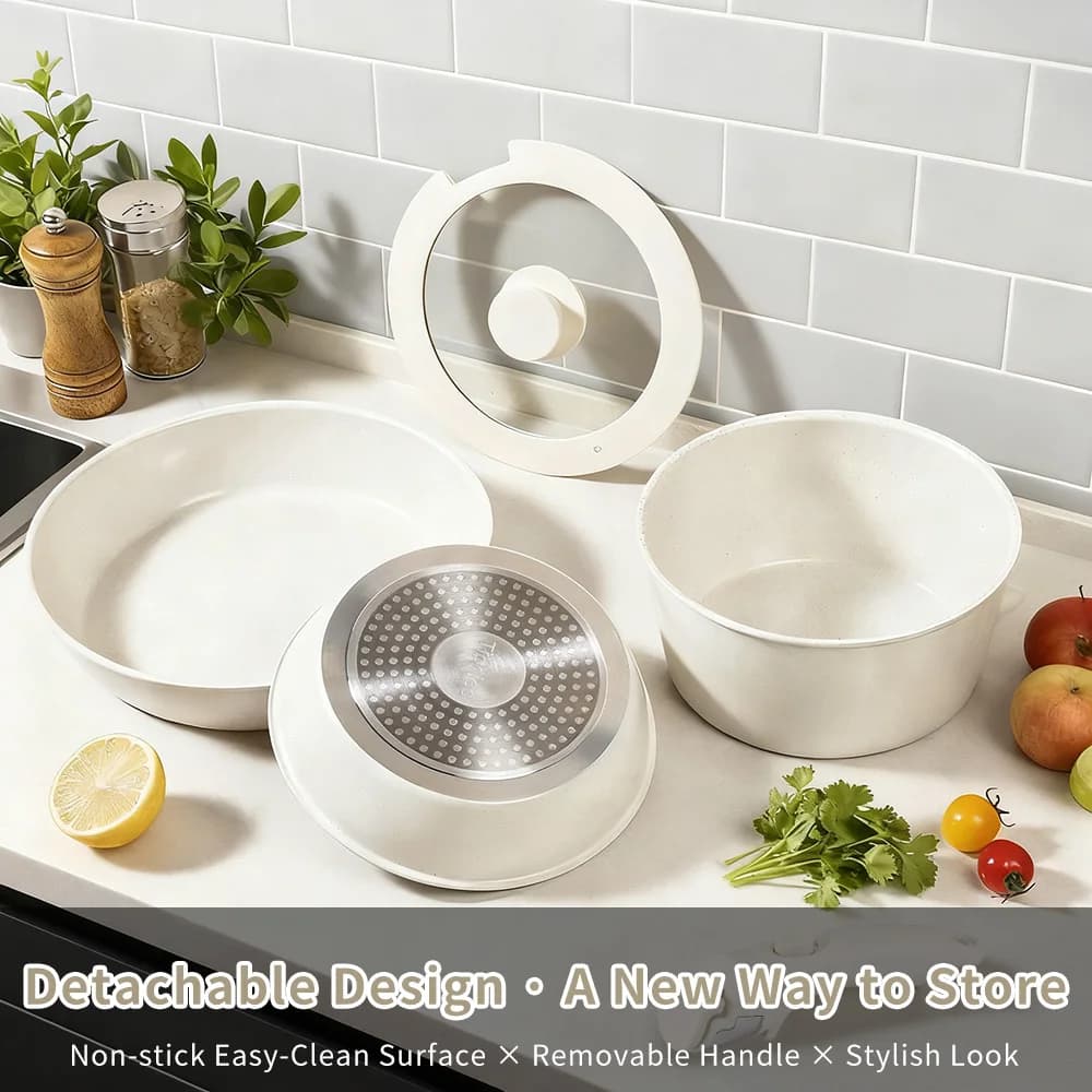 Set of 7-piece non-stick pans, pan and sauce pan with oven tools, detachable handles, essentials for the kitchen