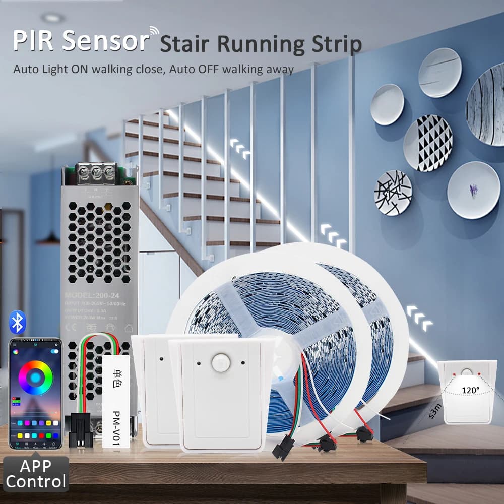 DC24V WS2811 luci di striscia scorrevoli per acqua corrente 10M 15M controllo Bluetooth sensore di movimento PIR lampada a nastro a LED per corsa di cavalli per scale